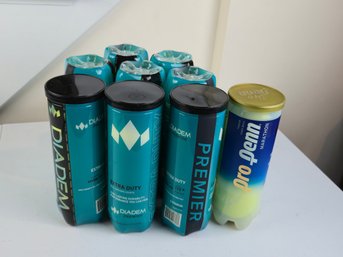 Lot Of 9 Cans Unopened Tennis Balls – 8 Diadem Premier Extra Duty + 1 Pro Penn Marathon (27 Balls Total)