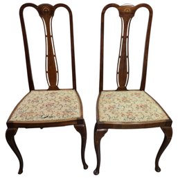 Pair Vintage Queen Anne Style Dining Chairs Wood Inlay Cabriole Legs One Needs Repair