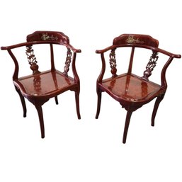 Pair Chinese Style Lacquered Wood Armchairs Carved Floral Asian Decor Signed