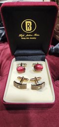 Vintage Swank Cufflinks W/red Faux Stones & Unsigned Art Deco Style Cufflinks W/tiny Stone
