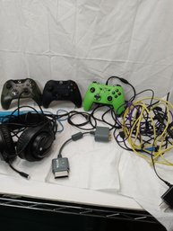 Box Lot Of Misc Xbox And Wii Controllers And Cords, Headphones, See Pics