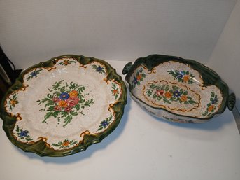 Beautiful Italian Pottery Platter And Bowl, Numbered. See Pics