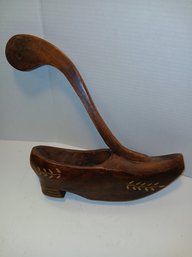Vintage Wooden Shoe Form. Wooden, Decorated, With Handle