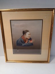 Beautiful Vintage Silk Embroidery Panel, Gold Frames, Old Woman, See Pics