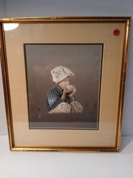 Vintage Silk Embroidery Panel, Framed , Child, Gold Colored Frame, See Pics