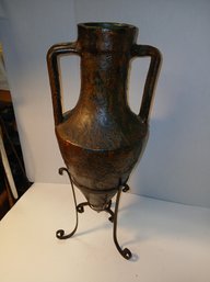Vintage Ceramic Vase With Wrought Iron Stand, 23 Inches Tall, See Pics