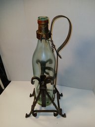 Large Vintage Glass Bottle In Tipping Server, Wrought Iron And Glass