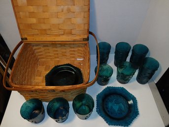 Vintage Picnic Basket Filled With Bicentennial Era Plates And Glassware, Cool Deep Teal Color With Eagles