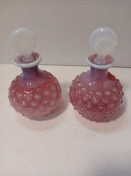 Pair Of Vintage Pink Hobnail Perfume Decanters, Possibly Fenton, See Pics
