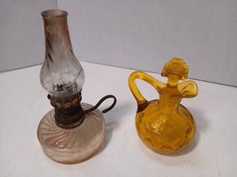 Lot Of Two Mini Decorative Vessels, Tiny Oil Lamp, Tiny Blown Glass Decanter, Some Cracks See Pics