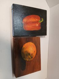 Lot Of Two Small Still Life Paintings, One Orange And One Red Bell Pepper, Kitchen Art, Decor
