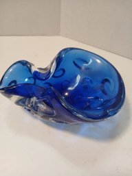 Vintage Cobalt Blue Glass Dish With Clear Carved Spots, Irregular Shape. Very Cool Dish, See Pics