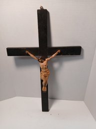 Large Vintage Cast Iron Jesus On Wooden Cross, 23 Inches Tall