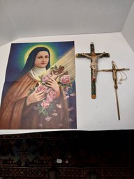 Religious Print, Vibrant And Colorful, Small Brass Crucifix And Small Wire And Composite Crucifix, See Photos,