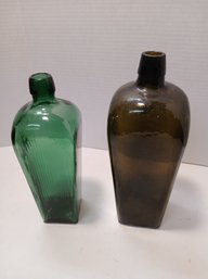 Lot Of Two Vintage Green Glass Gin Bottles, Larger Is Olive And Smaller A More Vibrant Kelly Green