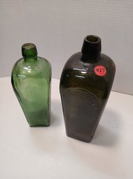Lot Of Two Vintage Green Glass Gin Bottles, Larger Is Olive And Smaller A More Vibrant Kelly Green