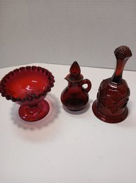 Lot Of 3 Cranberry Glass Minis, Small Compote With Ruffled Edge, Bottle With Lid And Bell, See Pics