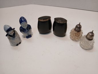 Lot Of 3 Pairs Of Decorative Salt & Pepper Shakers. Ceramic, Horn, And Crystal With Silver Caps, See Pics