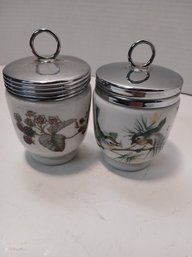 Set Of Two Royal Worcester Egg Coddlers With Lids, Beautiful Birds And Berry Decorations