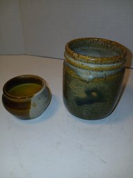 Two Small Signed Pottery Pieces, One Resembles A Small Mason Jar, See Pics