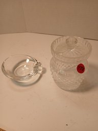 Small Crystal Lot Of Two, One Crystal Honey Pot With Lid, One Crystal Ashtray, Vintage, See Pics