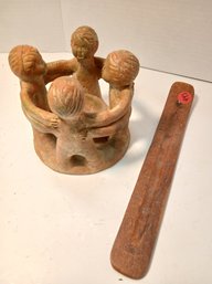 Vintage Circle Of Friends Carved Clay Candleholder, Peace, Brotherhood Folk Art, See Pics