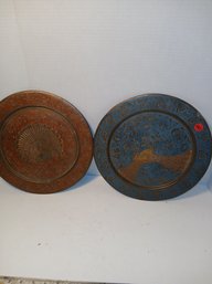 Pair Of Vintage Brass And Enamel Peacock Decorative Plates, 11 3/4 Inches, See Pics