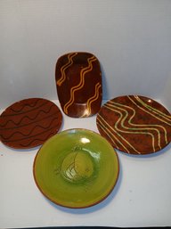 Lot Of 4 Pieces Pennsylvania Redware, Dorothy Long, Berringer, Signed, Early 1990's, Some Repairs, See Pics