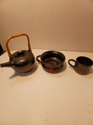Vintage Black Glazed Dorothy Long Red Ware Pieces, With Asian Black Glazed Teapot, See Pics