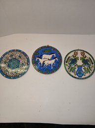 Lot Of 3 Decorative Trivets/ Wall Hangers, Birds, Horses And Flowers, Beautiful Shades Of Blue, See Pics