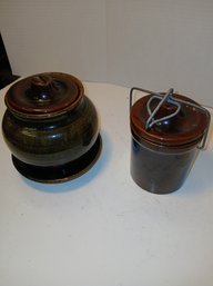 Lot Of Vintage Pottery, Brown, Butter Keeper And Bean Pot, Lid And Saucer, See Pics