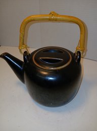 Vintage Brown Glazed Teapot With Bamboo Handle, See Pics