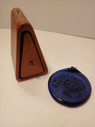 Small Wooden, Triangular Hidden Trinket Box, Signed, Cobalt Glass Suncatcher/boiling Water, See Pics