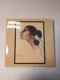 Ceramic Decorative Tile Painted Native Woman, See Pics, RC Gorman, Navajo, Signed, See Pics