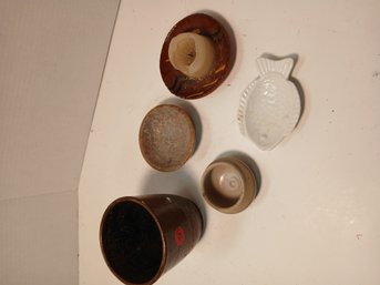Lot Of 5 Pottery, Stoneware, Ceramic, Trinket Dishes, And Small Bowls, Vase, See Pics
