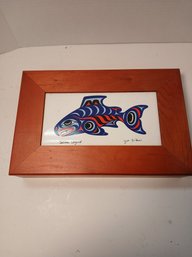 Vintage Wooden Box, Salmon Legend Painted Tile Insert, Signed Joe Wilson, See Pics