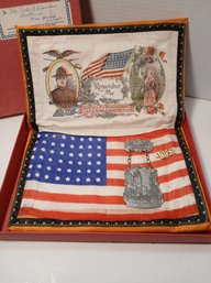Satin Rememberence, American Flag, Americana With 48 Star Flag, Pewter German Medal, In Box, See Pics