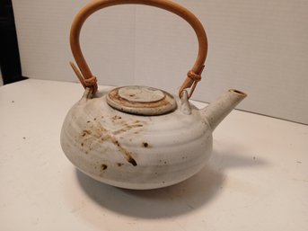 Japanese Stoneware Teapot, Bamboo Handle, Signed MK, See Pics