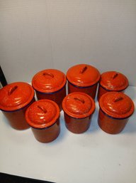 4 Small And 3 Medium Red And White Speckled Enamel Cannisters, Perfect For A Camp, See Pics