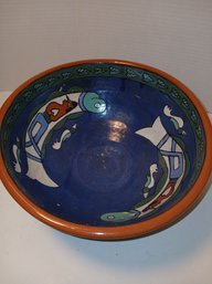 Italian Redware Bowl, Swimming Fish Motif, Hand Painted, Heavy, See Pics