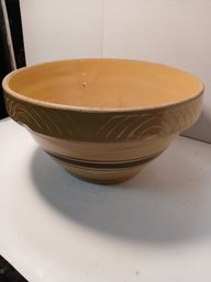 Very Large Yellow Ware Mixing Bowl, Yellow With Brown Stripes, See Pics