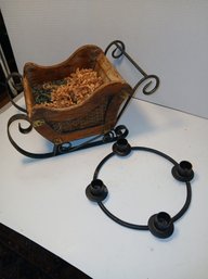 Lot Of Two Items, Small Wrought Iron And Wood Sleigh, And Tabletop Candle Holder, See Pics