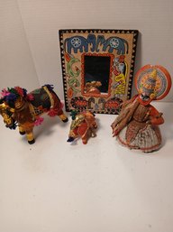 Lot Of 4, One Mirror, One Horse, One Elephant, One Fierce Warrier Figure, Paper Mache, See Pics