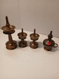 Vintage Temple Brass Oil Lamps, Set Of 4, See Pics, Kuthu Vilakku Oil Lamp With Stand, See Pics