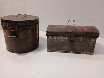 Pair Of Decorative Rustic Tins, Excellent Patina, One Round And One Rectangular, See Pics