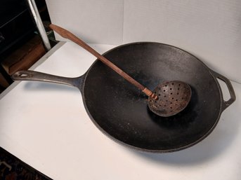 Vintage Cast Iron Wok, 13 Inches With Wooden Handle, Comes With Wood And Coconut Shell Skimmer