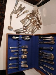 Set Of Mismatched Silver Plate, Silverware, In Box, See Pics