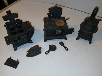 Lot Of Three Mini Cast Iron Stoves With Accessories, 1 Pot Belly, Two Range Style, See Pics