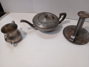Lot Of 3 Pewter And Tin Decorative Items, Tea Pot, Sugar Bowl, No Cover And Tin Candle Holder, Rustic, See Pic