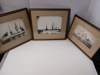 Lot Of Three Framed Ship Prints, 10x13, 12.5x14 Inches, Decor, See Pics